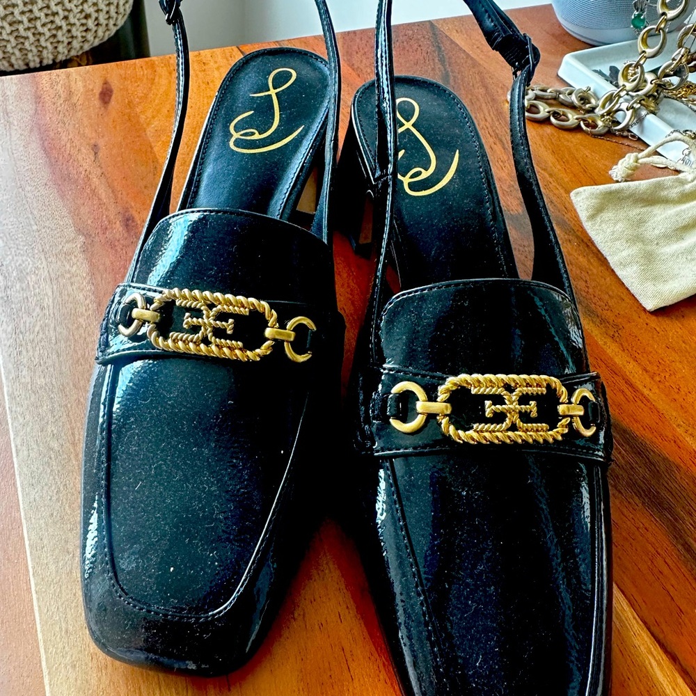 Black patton leather Sam Edelman sling back shoes never worn baby heel